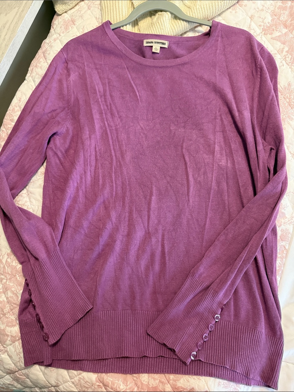 Zenana Outfitters Purple Crewneck Sweater with Button Cuffs